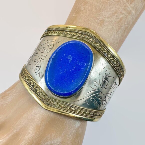 Jewelry - Lapis Bracelet, Afghan, Kuchi Jewelry, Silver Cuff, Brass, Mixed Metal, Vintage